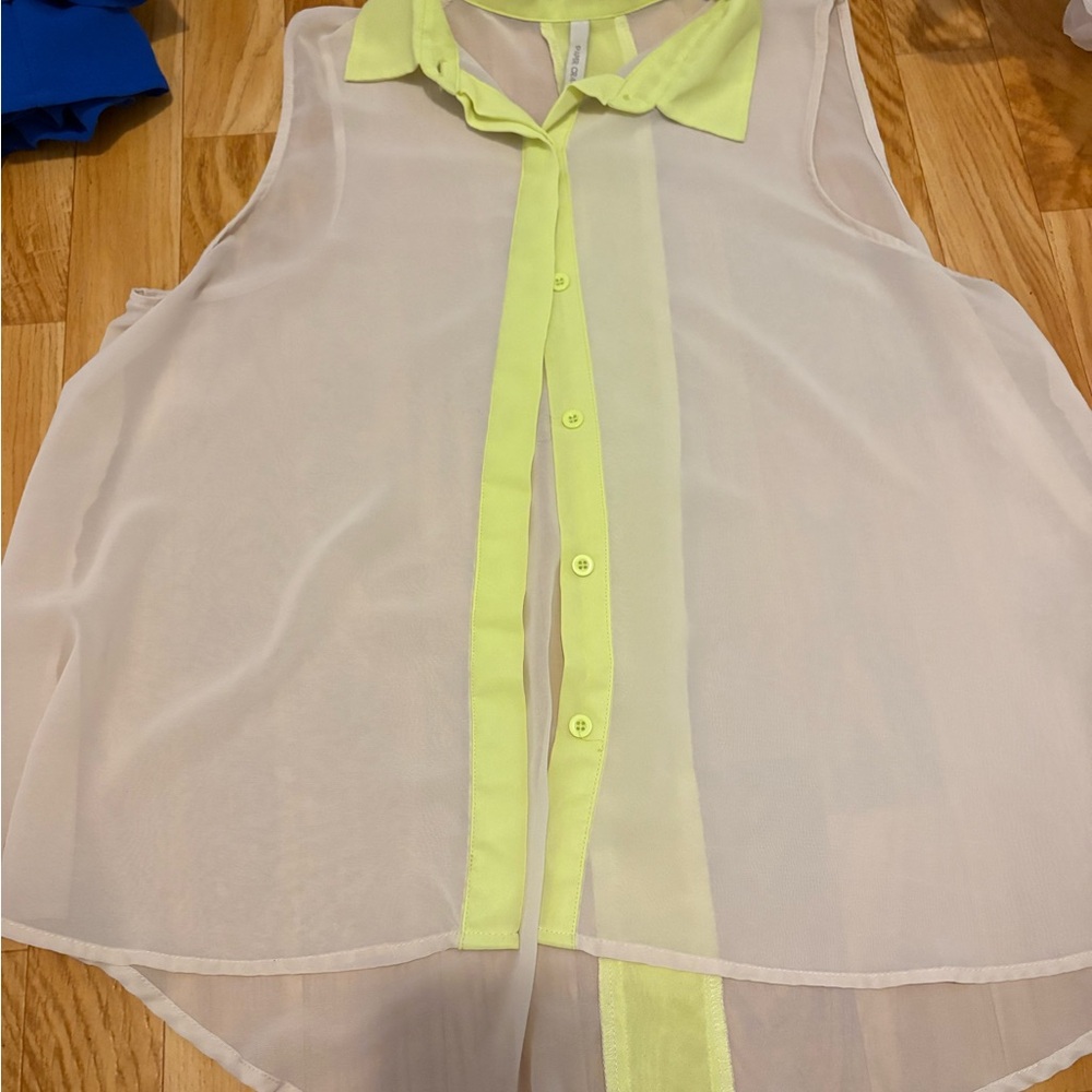 Paper Crane Sheer Cream Button-Down Tank with Neon Yellow Trim
